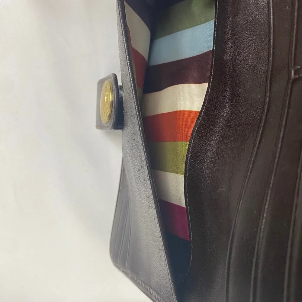 Coach Womens Brown Signature Canvas‎ Monogram Legacy Stripe Tri-Fold Wallet Snap
